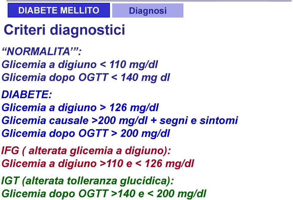 mg/dl + segni e sintomi Glicemia dopo OGTT > 200 mg/dl IFG ( alterata glicemia a digiuno):