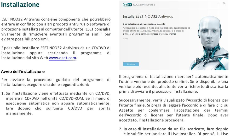 È possibile installare ESET NOD32 Antivirus da un CD/DVD di installazione oppure scaricando il programma di installazione dal sito Web www.eset.com.