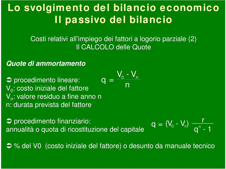 valore residuo a fine anno n n: durata prevista del fattore q = V - V 0 n n procedimento finanziario: annualità o