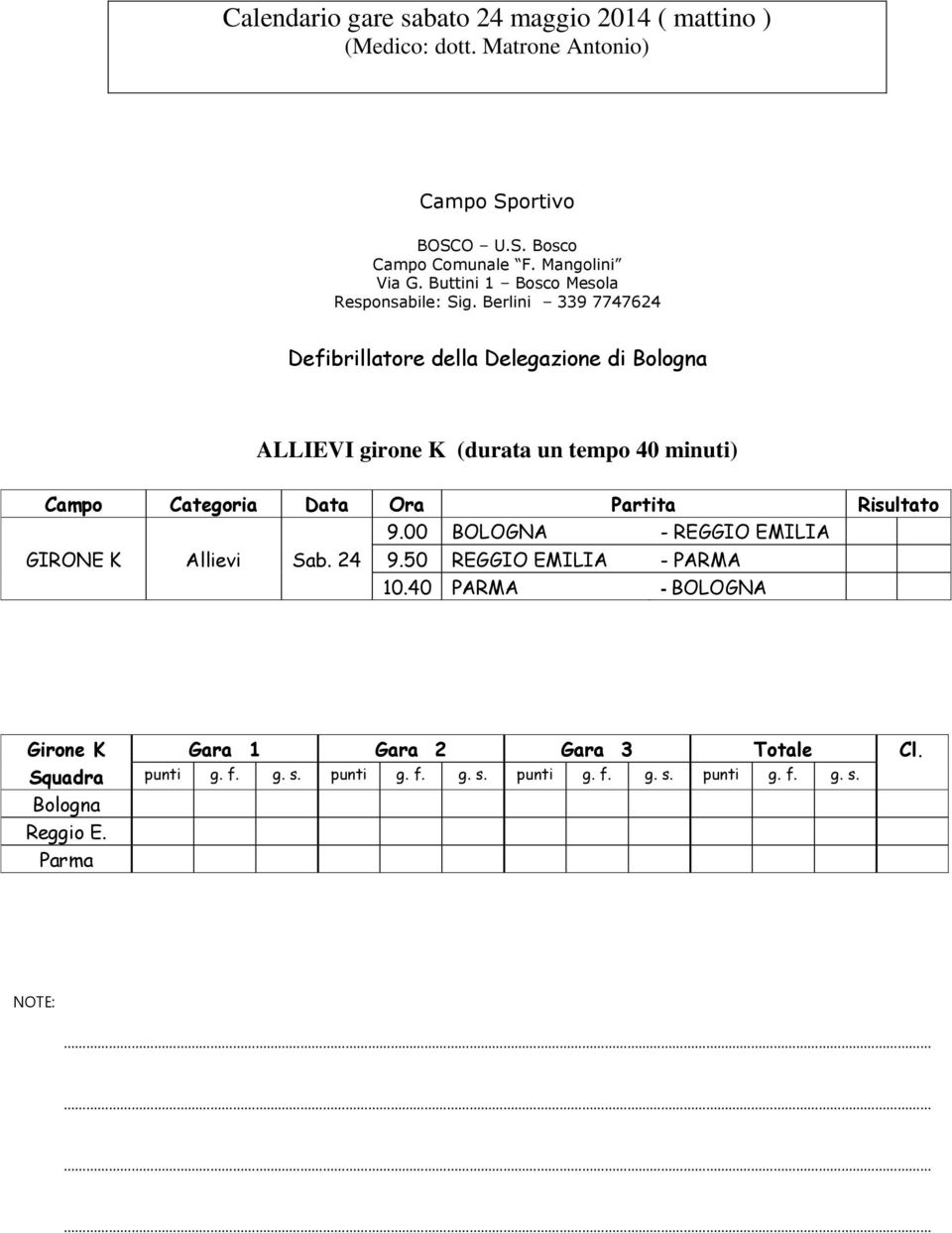 Berlini 339 7747624 Defibrillatore della Delegazione di Bologna ALLIEVI girone K (durata un tempo 40 minuti) 9.