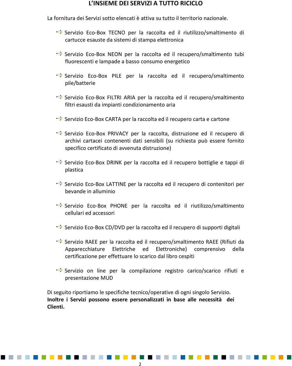 fluorescenti e lampade a basso consumo energetico Servizio Eco-Box PILE per la raccolta ed il recupero/smaltimento pile/batterie Servizio Eco-Box FILTRI ARIA per la raccolta ed il