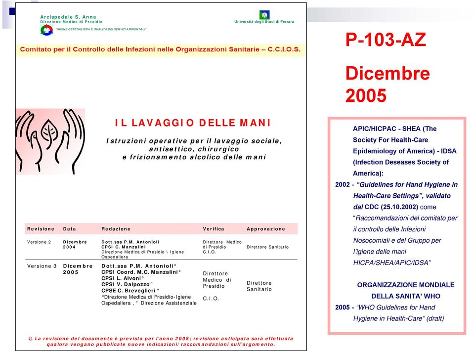 2 Versione 3 Dicembre 2004 Dicembre 2005 IL LAVAGGIO DELLE MANI Istruzioni operative per il lavaggio sociale, antisettico, chirurgico e frizionamento alcolico delle mani Dott.ssa P.M. Antonioli CPSI C.