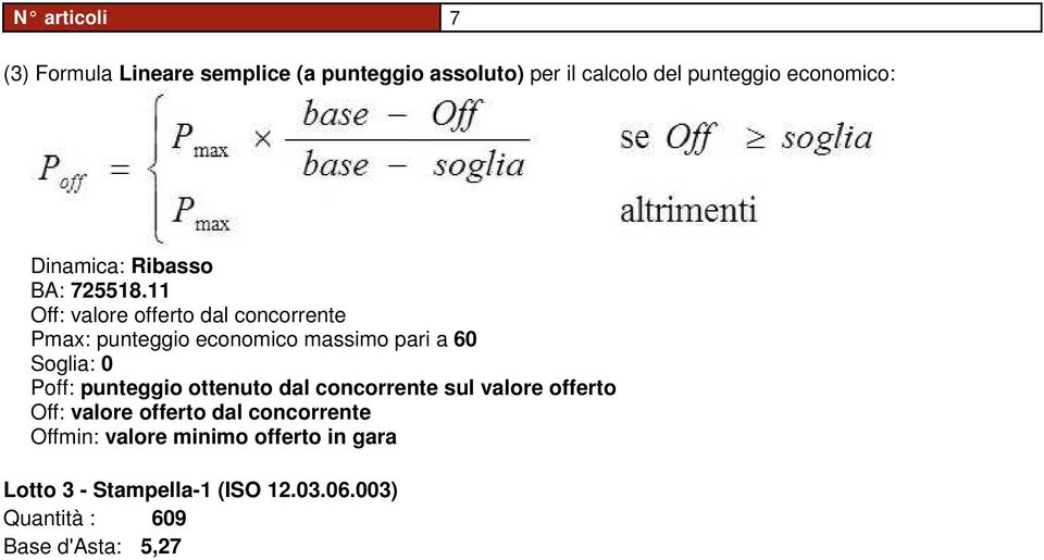 11 Off: valore offerto dal concorrente Pmax: punteggio economico massimo pari a 60 Soglia: 0 Poff: