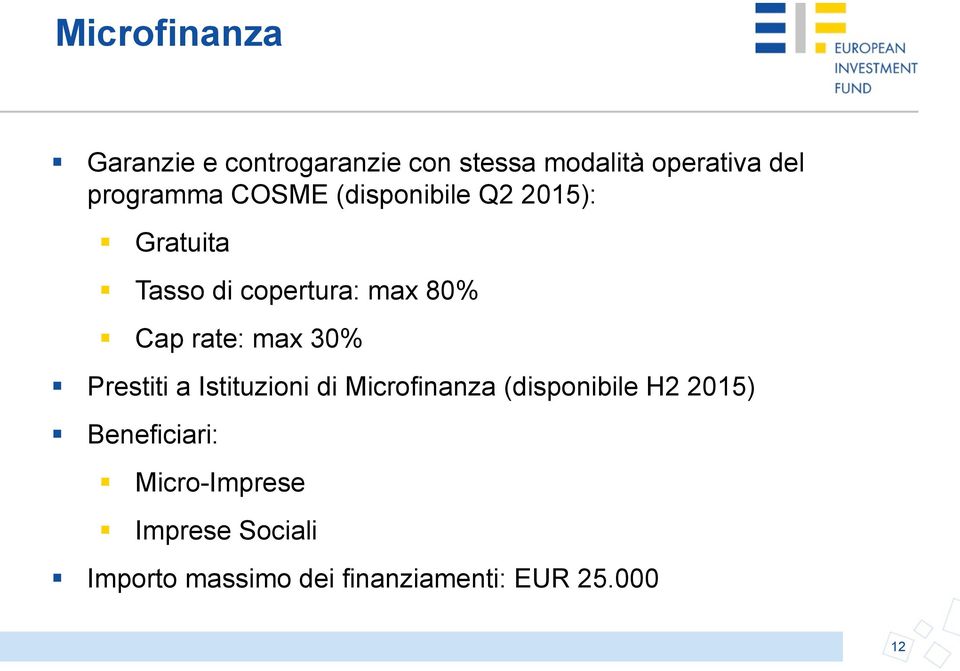 rate: max 30% Prestiti a Istituzioni di Microfinanza (disponibile H2 2015)