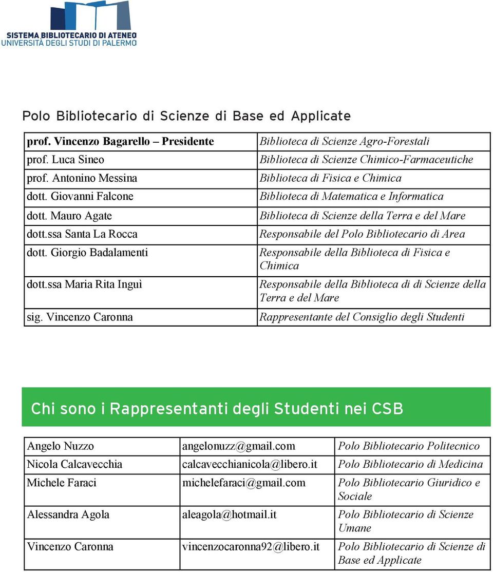 Vincenzo Caronna Biblioteca di Scienze Agro-Forestali Biblioteca di Scienze Chimico-Farmaceutiche Biblioteca di Fisica e Chimica Biblioteca di Matematica e Informatica Biblioteca di Scienze della