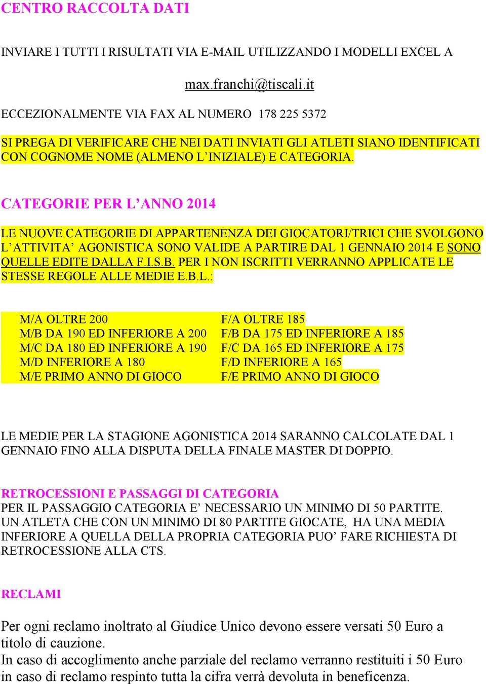 CATEGORIE PER L ANNO 2014 LE NUOVE CATEGORIE DI APPARTENENZA DEI GIOCATORI/TRICI CHE SVOLGONO L ATTIVITA AGONISTICA SONO VALIDE A PARTIRE DAL 1 GENNAIO 2014 E SONO QUELLE EDITE DALLA F.I.S.B.