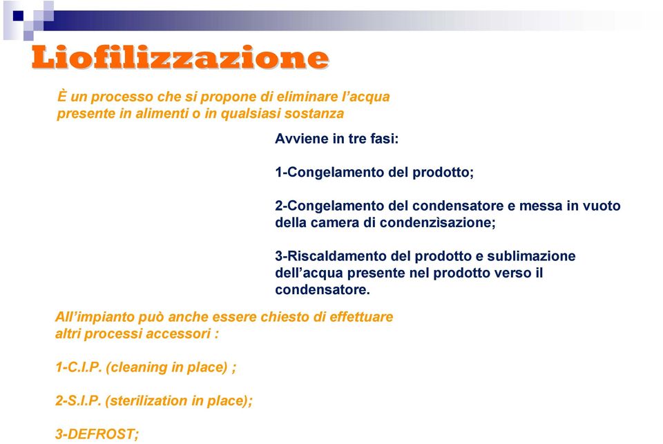 P. (cleaning in place) ; 2-S.I.P. (sterilization in place); 3-DEFROST; 2-Congelamento del condensatore e messa in vuoto