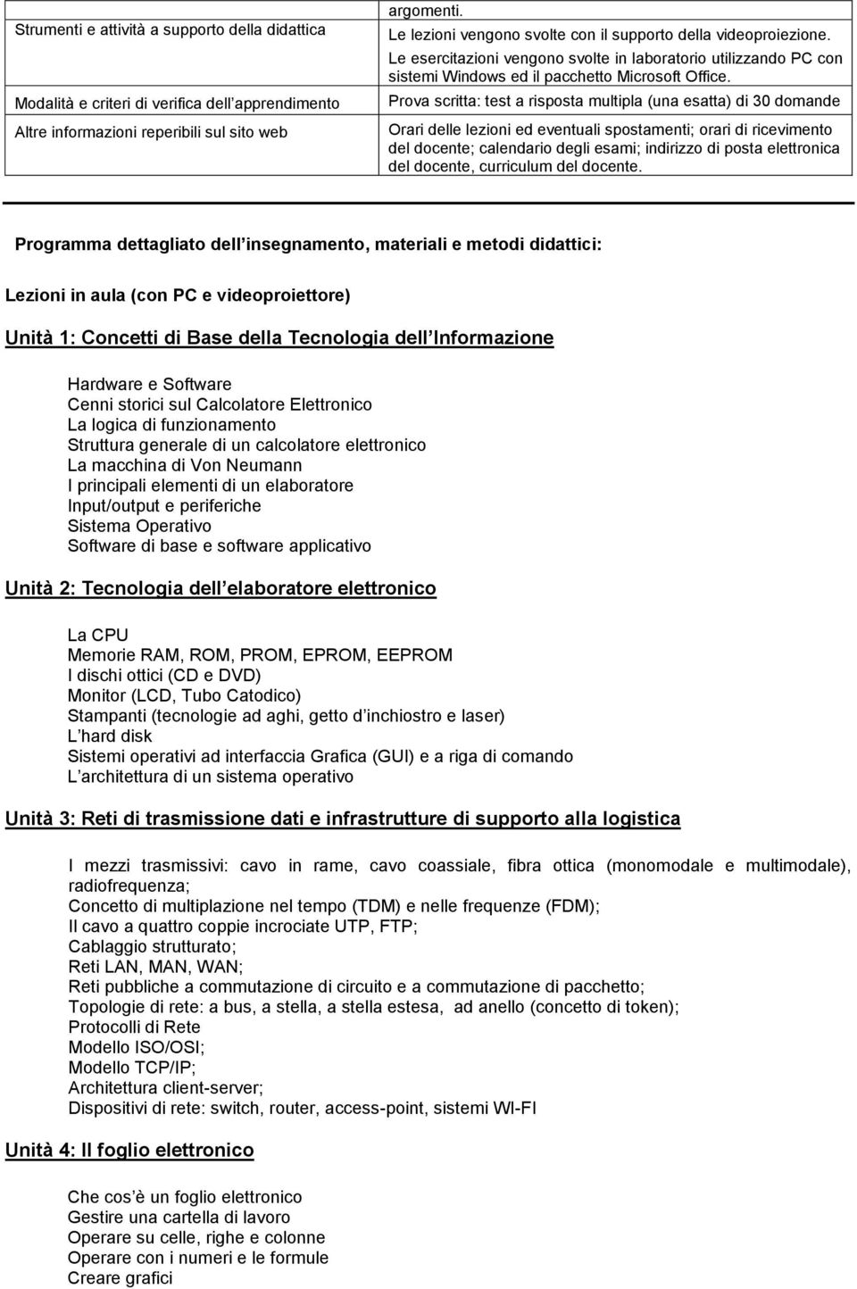 Prova scritta: test a risposta multipla (una esatta) di 30 domande Orari delle lezioni ed eventuali spostamenti; orari di ricevimento del docente; calendario degli esami; indirizzo di posta