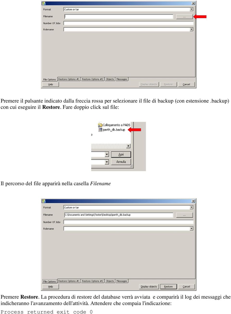 Fare doppio click sul file: Il percorso del file apparirà nella casella Filename Premere Restore.