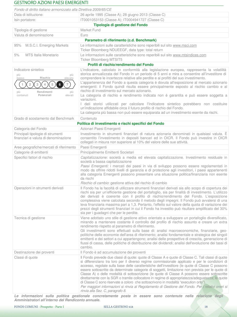 msci.com Ticker Bloomberg NDUEEGF, data type: total return 5% MTS Italia Monetario Le informazioni sulle caratteristiche sono reperibili sul sito www.mtsindices.