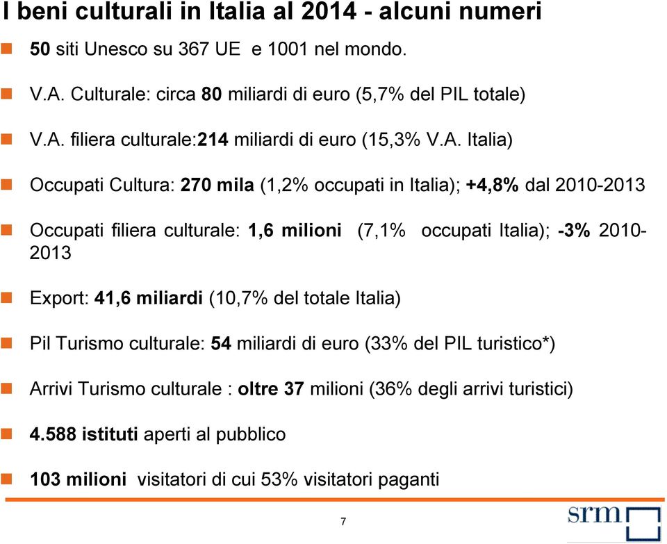 Export: 41,6 miliardi (10,7% del totale Italia) Pil Turismo culturale: 54 miliardi di euro (33% del PIL turistico*) Arrivi Turismo culturale : oltre 37 milioni