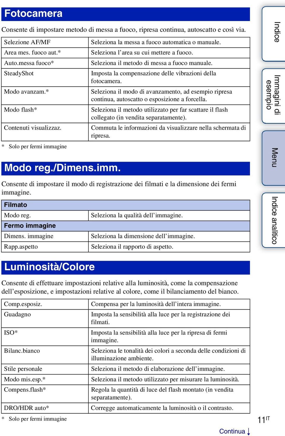 Seleziona l area su cui mettere a fuoco. Seleziona il metodo di messa a fuoco manuale. Imposta la compensazione delle vibrazioni della fotocamera.