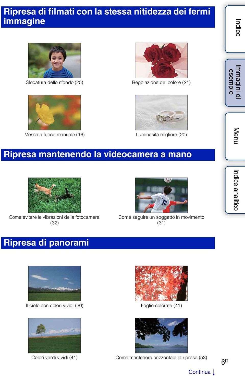 le vibrazioni della fotocamera (32) Come seguire un soggetto in movimento (31) Ripresa di panorami 20 41 Il cielo con