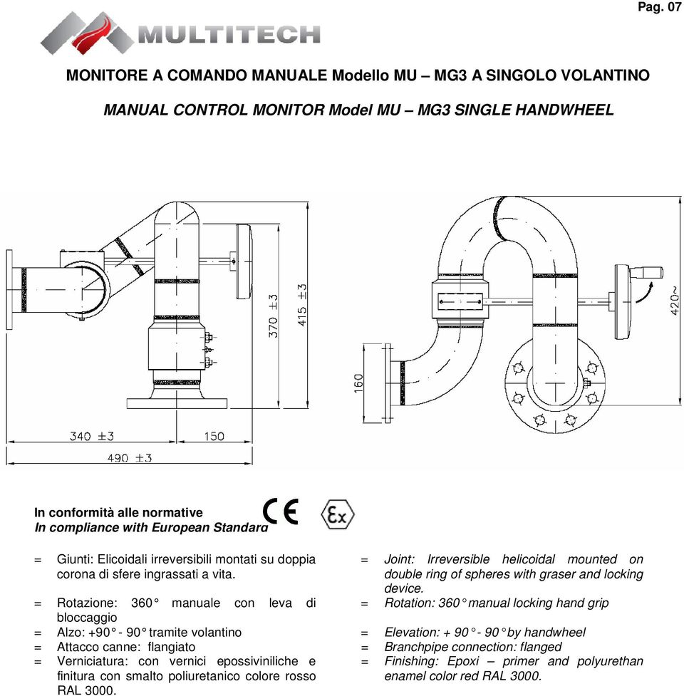 = Rotation: 360 manual locking hand grip = Rotazione: 360 manuale con leva di bloccaggio = Alzo: +90-90 tramite volantino = Elevation: + 90-90 by handwheel = Attacco canne: flangiato =