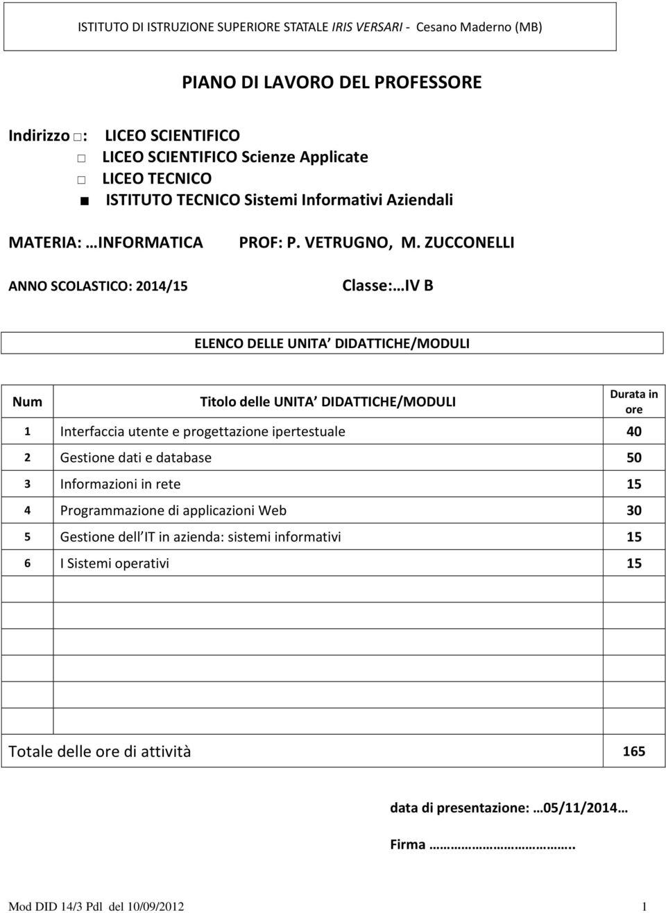 ZUCCONELLI Classe: IV B ELENCO DELLE UNITA DIDATTICHE/MODULI Num Titolo delle UNITA DIDATTICHE/MODULI Durata in ore 1 Interfaccia utente e progettazione ipertestuale 40 2 Gestione dati e