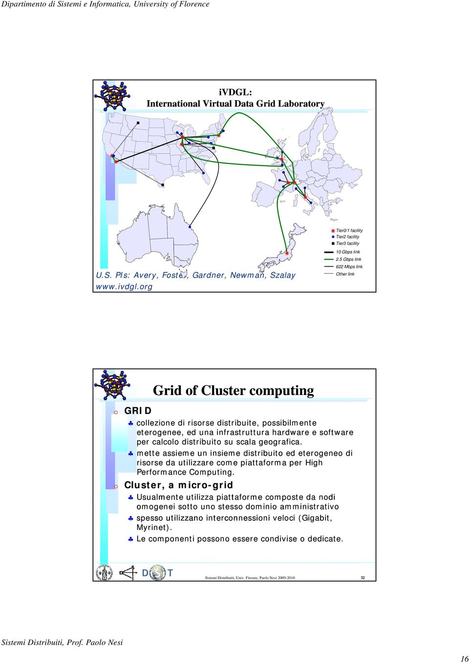 Firenze, Paolo Nesi 2009-2010 31 Grid of Cluster computing GRID collezione di risorse distribuite, possibilmente eterogenee, ed una infrastruttura hardware e software per calcolo l distribuito ib it