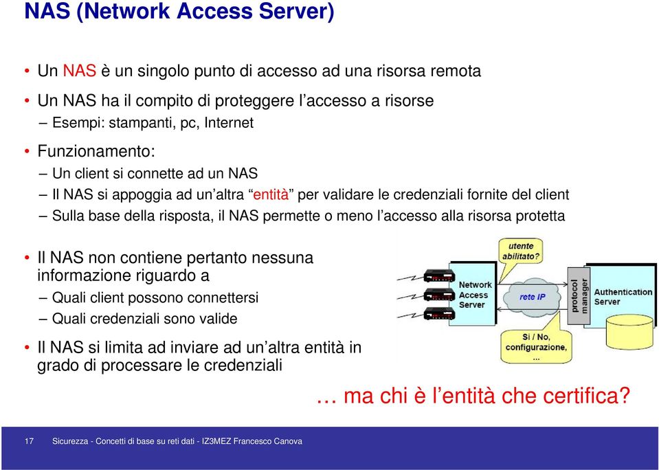 o meno l accesso alla risorsa protetta Il NAS non contiene pertanto nessuna informazione riguardo a Quali client possono connettersi Quali credenziali sono valide Il NAS si