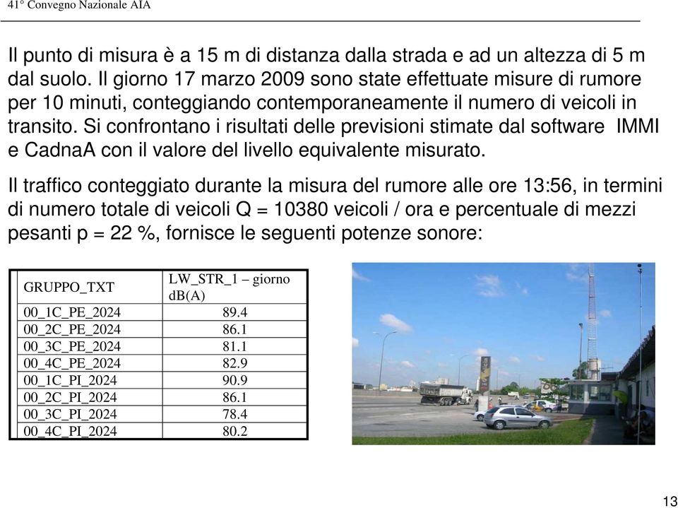 Si confrontano i risultati delle previsioni stimate dal software IMMI e CadnaA con il valore del livello equivalente misurato.