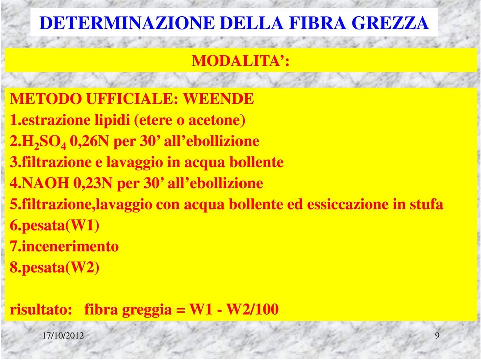 filtrazione e lavaggio in acqua bollente 4.NAOH 0,23N per 30 all ebollizione 5.