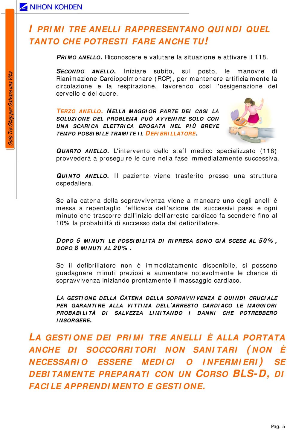 TERZO ANELLO. NELLA MAGGIOR PARTE DEI CASI LA SOLUZIONE DEL PROBLEMA PUÒ AVVENIRE SOLO CON UNA SCARICA ELETTRICA EROGATA NEL PIÙ BREVE TEMPO POSSIBILE TRAMITE IL DEFIBRILLATORE. QUARTO ANELLO.