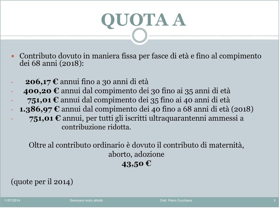 386,97 annui dal compimento dei 40 fino a 68 anni di età (2018) - 751,01 annui, per tutti gli iscritti ultraquarantenni ammessi a