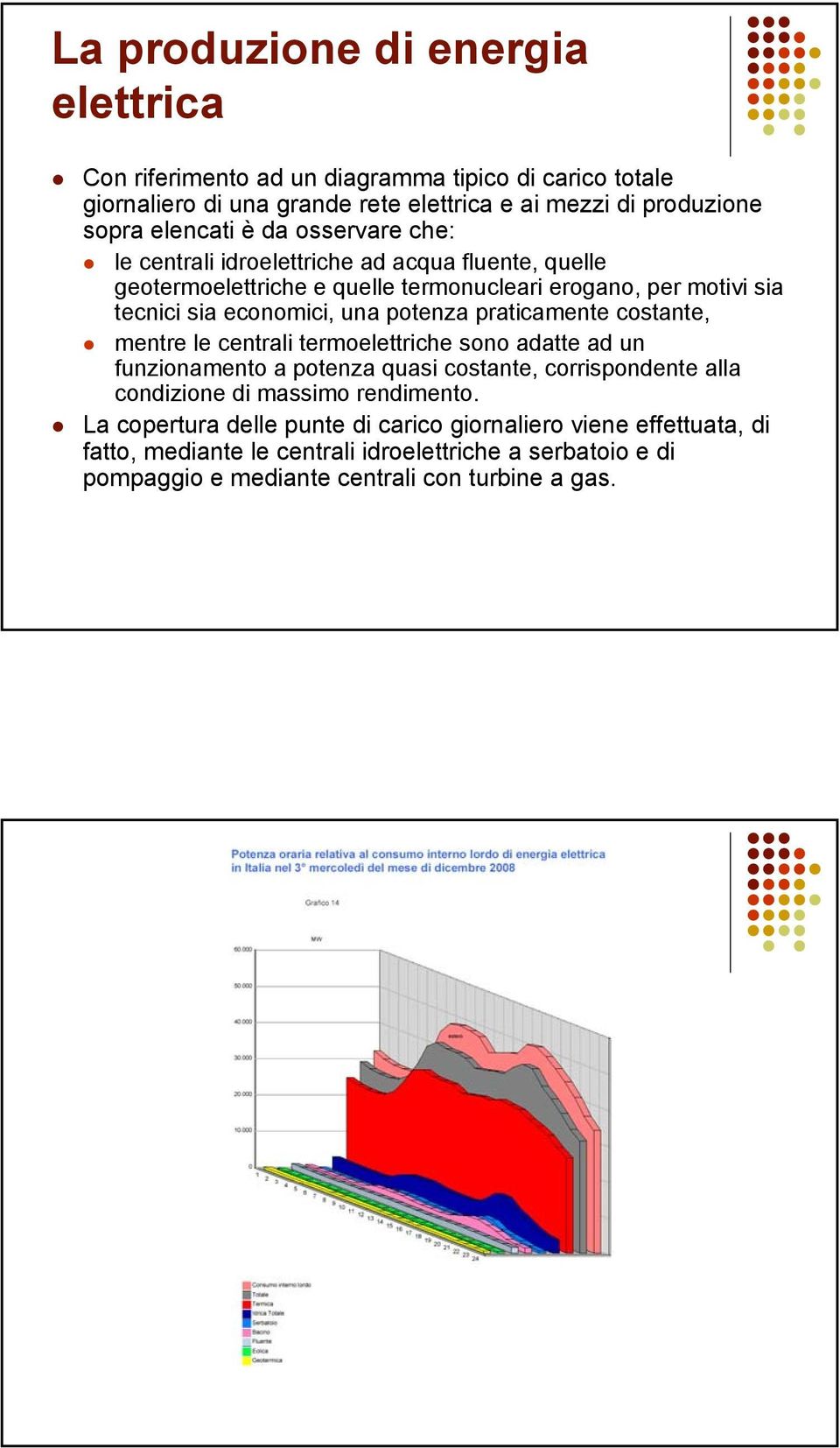 praticamente costante, mentre le centrali termoelettriche sono adatte ad un funzionamento a potenza quasi costante, corrispondente alla condizione di massimo rendimento.