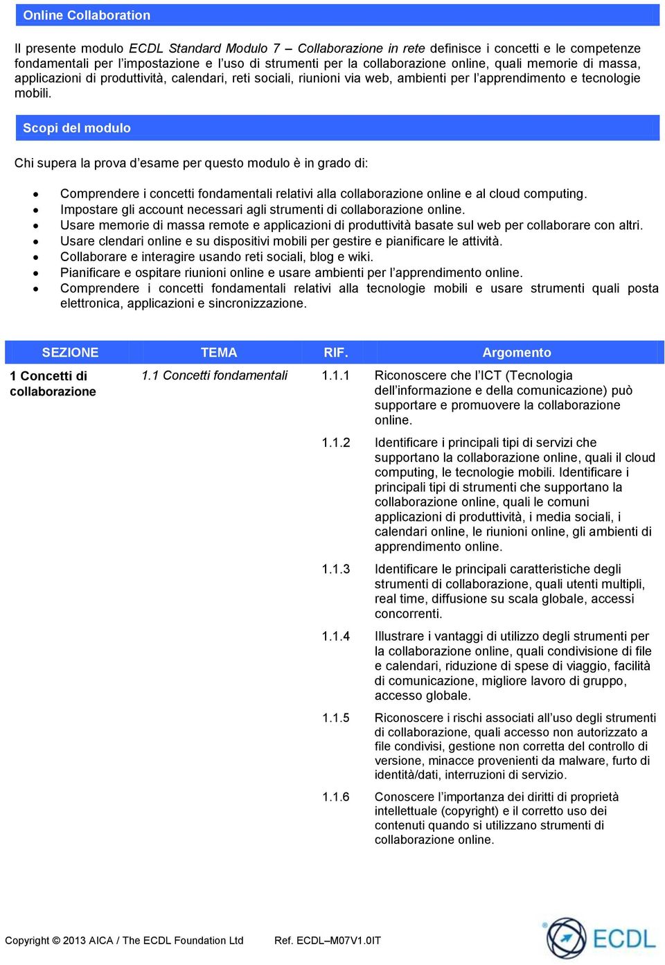 Scopi del modulo Chi supera la prova d esame per questo modulo è in grado di: Comprendere i concetti fondamentali relativi alla collaborazione online e al cloud computing.