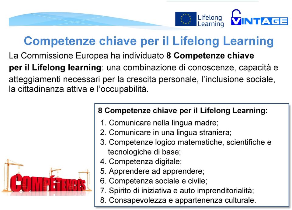 8 Competenze chiave per il Lifelong Learning: 1. Comunicare nella lingua madre; 2. Comunicare in una lingua straniera; 3.