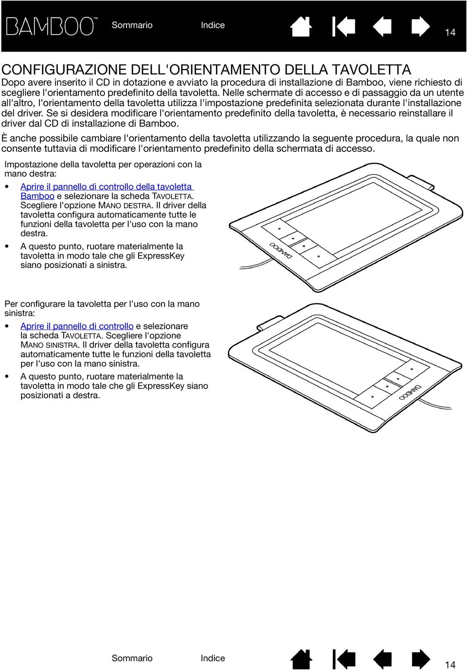 Se si desidera modificare l'orientamento predefinito della tavoletta, è necessario reinstallare il driver dal CD di installazione di Bamboo.