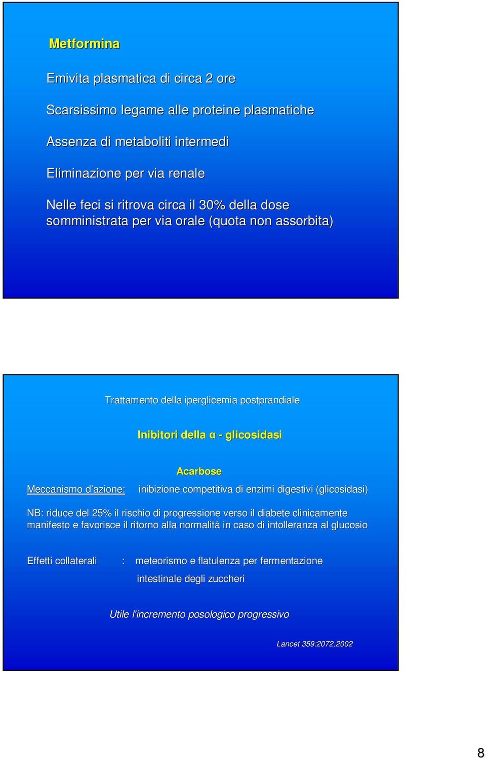 - glicosidasi Acarbose Meccanismo d azione: inibizione competitiva di enzimi digestivi (glicosidasi( glicosidasi) NB: riduce del 25% il rischio di progressione verso il diabete