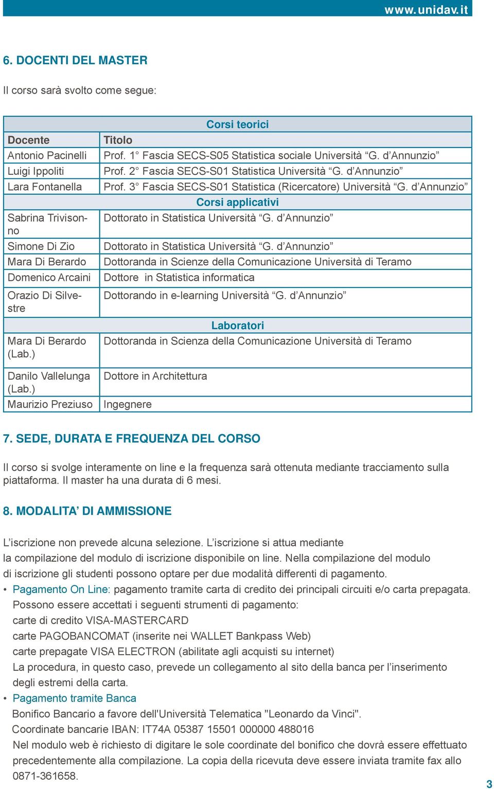 2 Fascia SECS-S01 Statistica Università G. d Annunzio Prof. 3 Fascia SECS-S01 Statistica (Ricercatore) Università G. d Annunzio Corsi applicativi Dottorato in Statistica Università G.