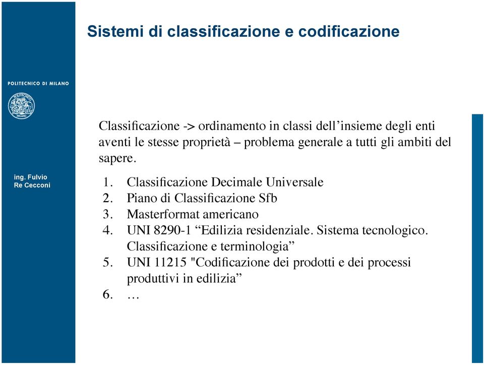 Classificazione Decimale Universale 2. Piano di Classificazione Sfb 3. Masterformat americano 4.