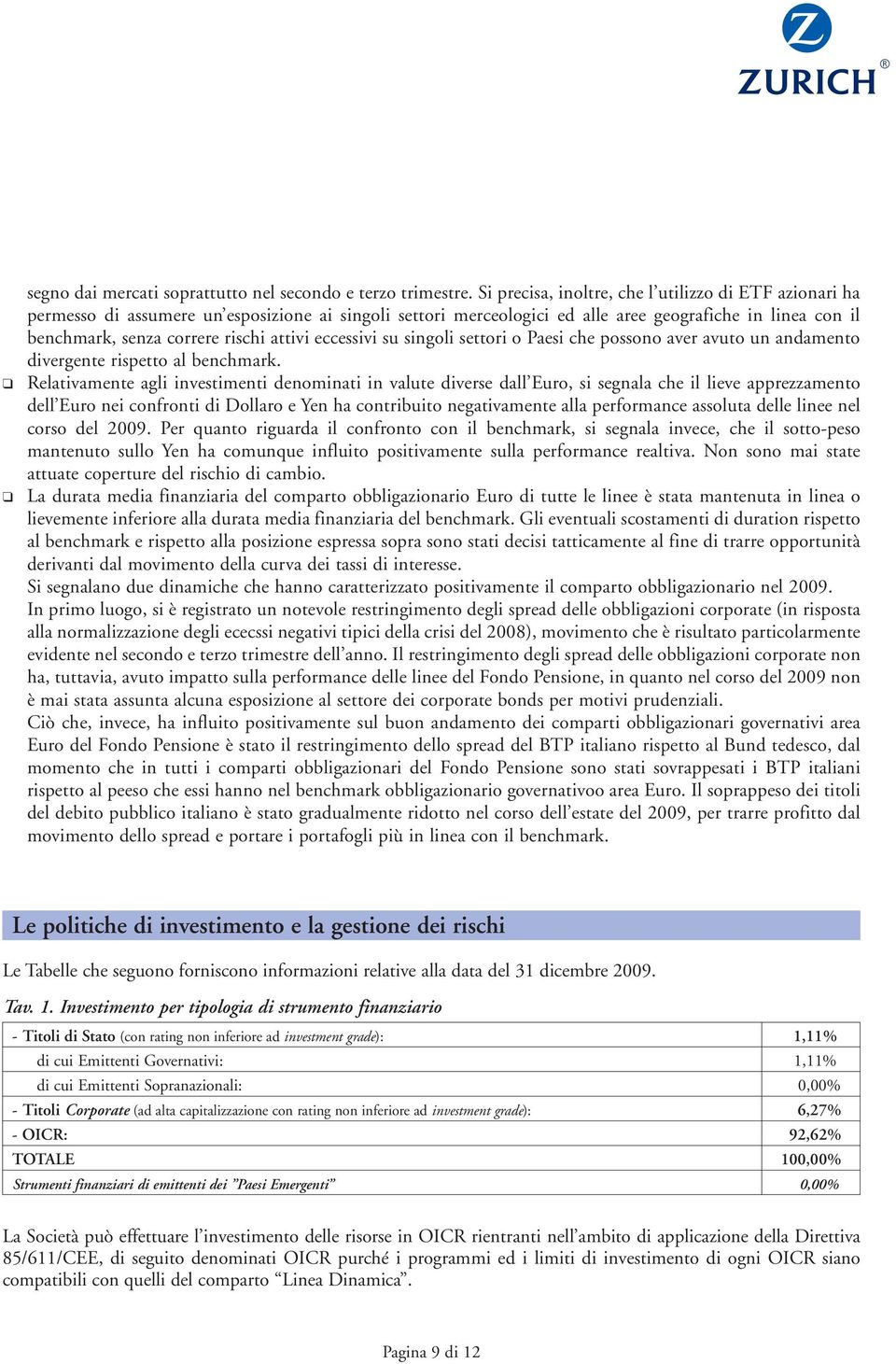 attivi eccessivi su singoli settori o Paesi che possono aver avuto un andamento divergente rispetto al benchmark.