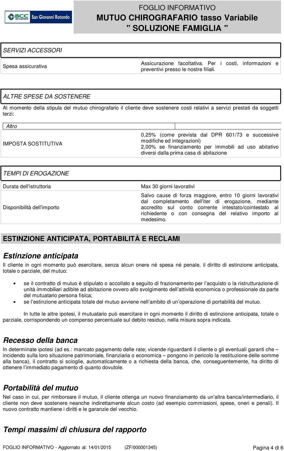 dal DPR 601/73 e successive modifiche ed integrazioni) 2,00% se finanziamento per immobili ad uso abitativo diversi dalla prima casa di abitazione TEMPI DI EROGAZIONE Durata dell'istruttoria