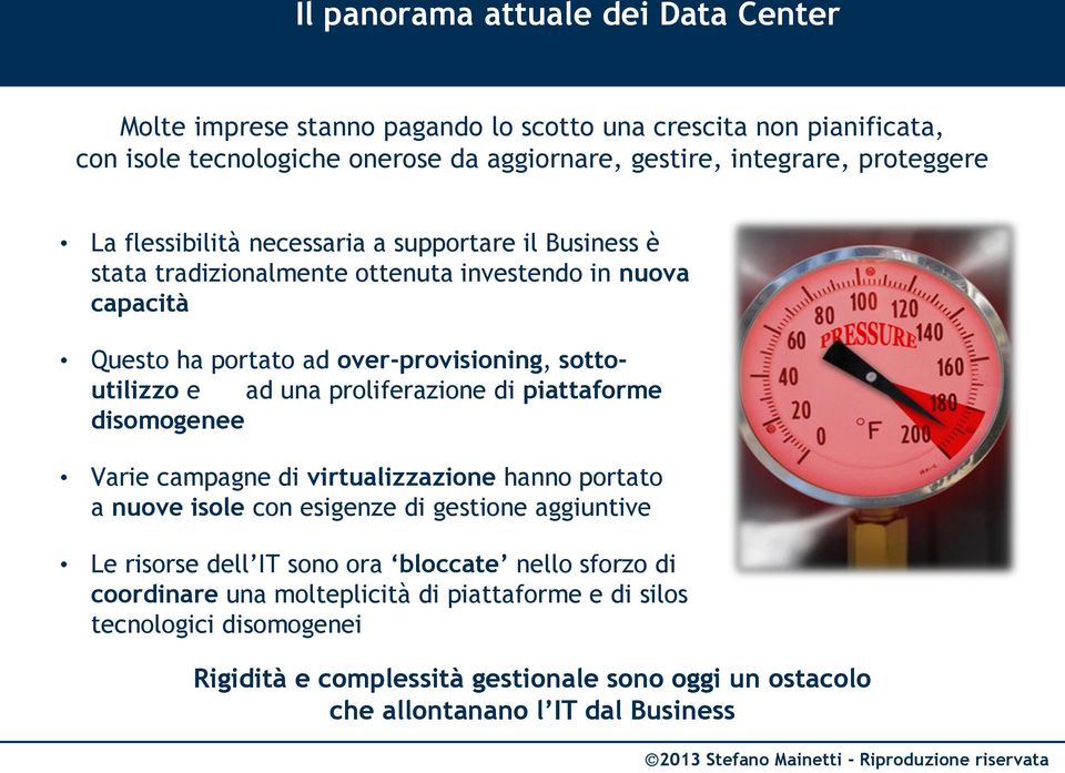 e ad una proliferazione di piattaforme disomogenee Varie campagne di virtualizzazione hanno portato a nuove isole con esigenze di gestione aggiuntive Le risorse dell IT sono ora