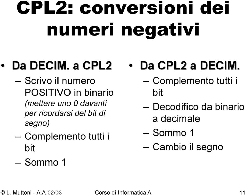 del bit di segno) Complemento tutti i bit Sommo 1 Da CPL2 a DECIM.