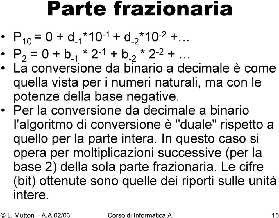 Per la conversione da decimale a binario I'algoritmo di conversione è "duale" rispetto a quello per la parte intera.
