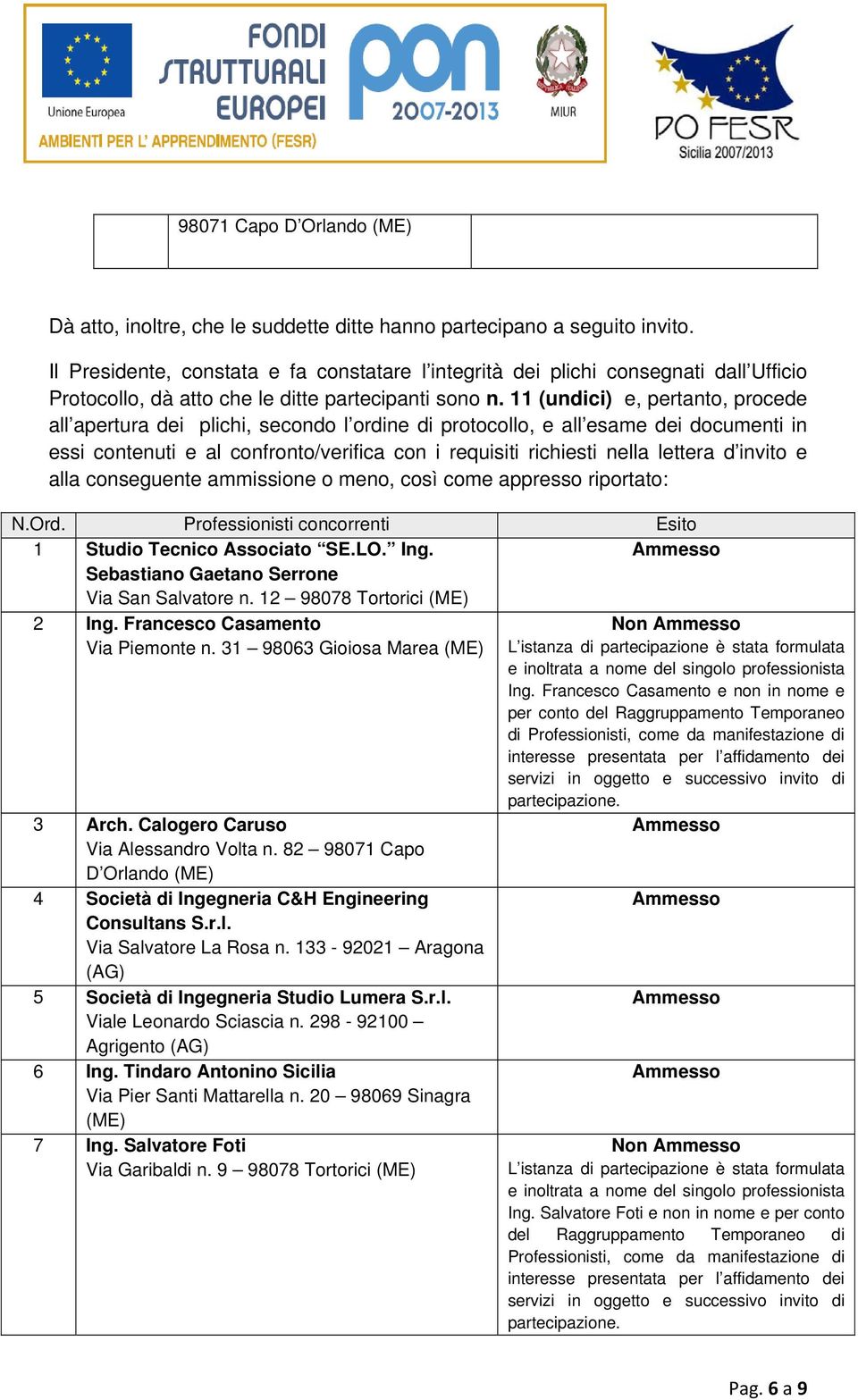 11 (undici) e, pertanto, procede all apertura dei plichi, secondo l ordine di protocollo, e all esame dei documenti in essi contenuti e al confronto/verifica con i requisiti richiesti nella lettera d