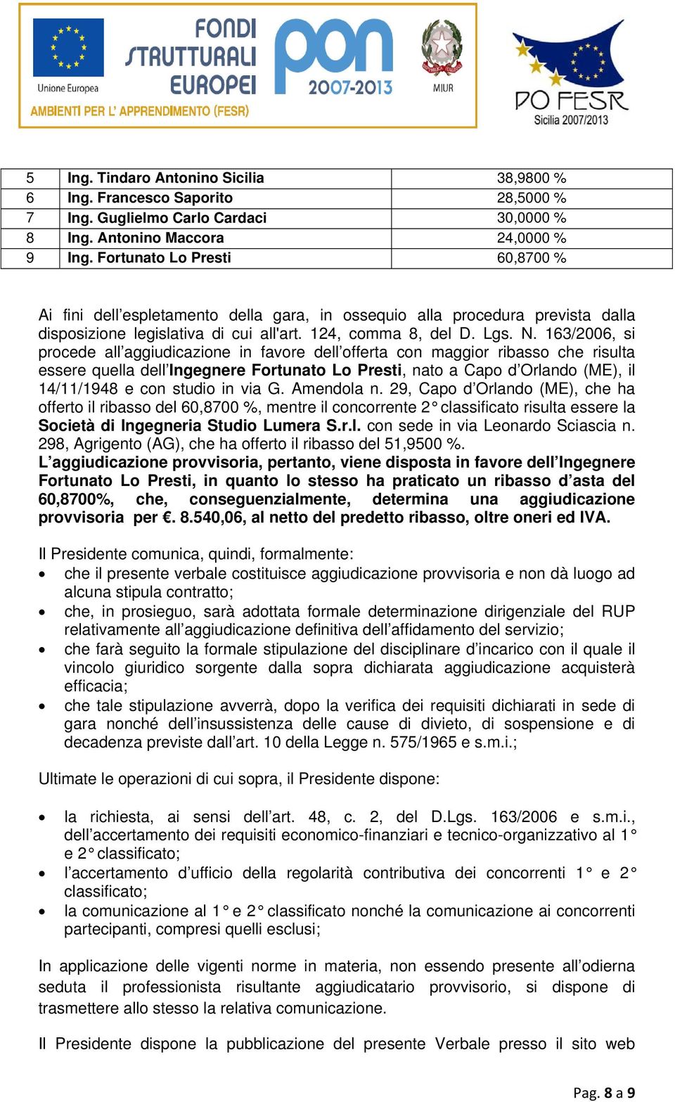 163/2006, si procede all aggiudicazione in favore dell offerta con maggior ribasso che risulta essere quella dell Ingegnere Fortunato Lo Presti, nato a Capo d Orlando (ME), il 14/11/1948 e con studio