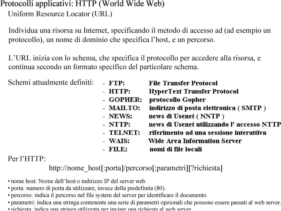 Schemi attualmente definiti: Per l HTTP: http://nome_host[:porta]/percorso[;parametri][?richiesta] nome host: Nome dell host o indirizzo IP del server web.