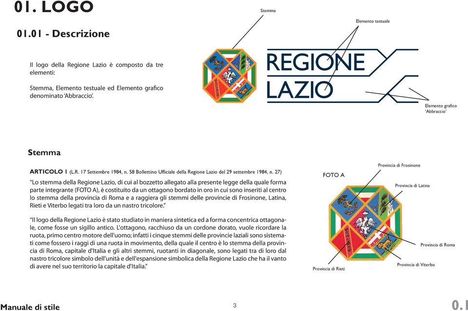 27) Lo stemma della Regione Lazio, di cui al bozzetto allegato alla presente legge della quale forma parte integrante (FOTO A), è costituito da un ottagono bordato in oro in cui sono inseriti al