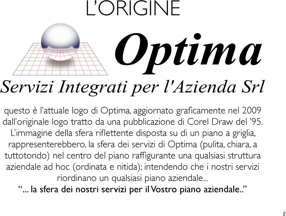 L immagine della sfera riflettente disposta su di un piano a griglia, rappresenterebbero, la sfera dei servizi di Optima (pulita,