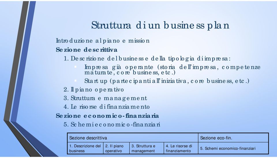 ) Start up (partecipanti all iniziativa, core business, etc.) 2. Il piano operativo 3. Struttura e management 4.