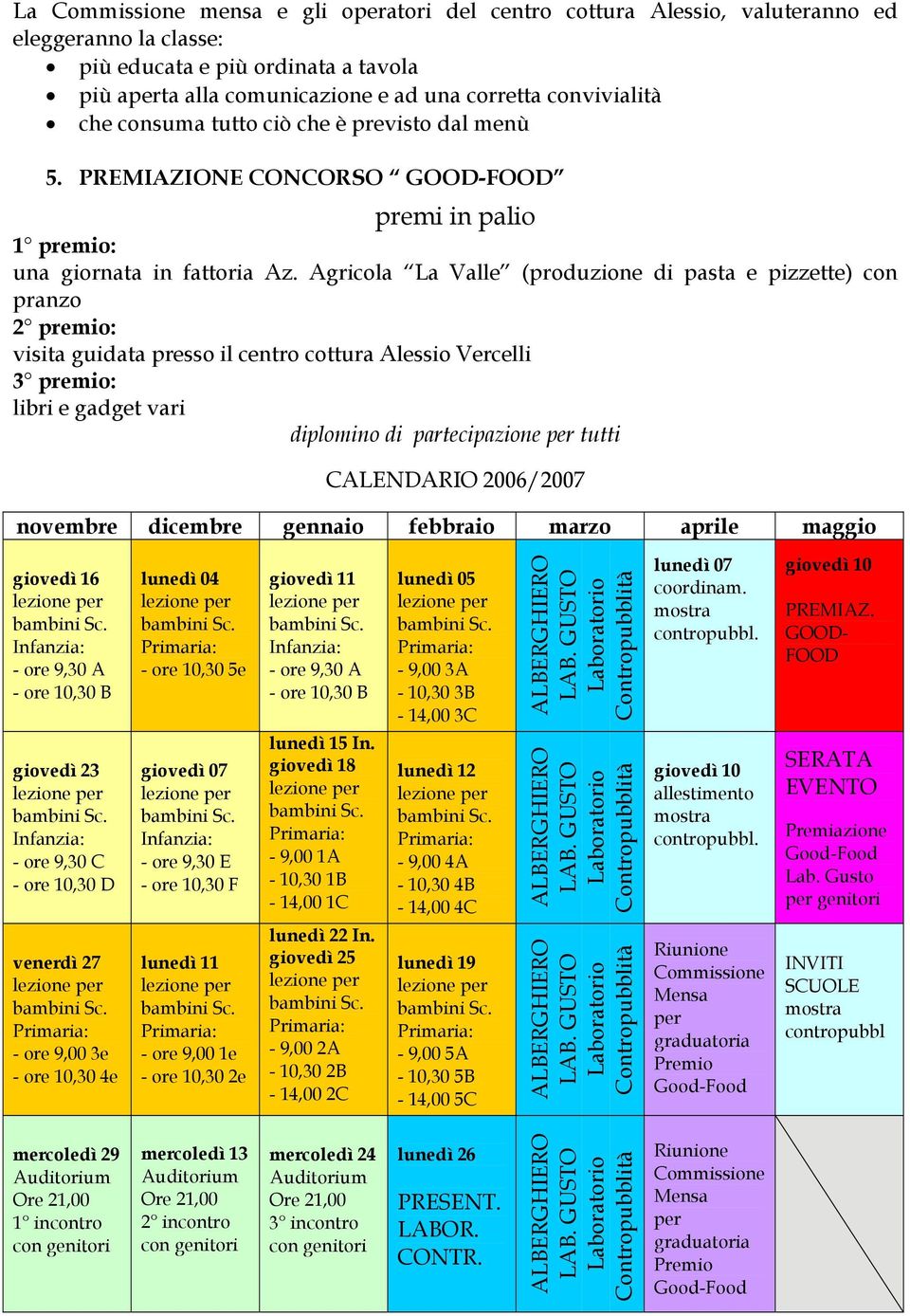 Agricola La Valle (produzione di pasta e pizzette) con pranzo 2 premio: visita guidata presso il centro cottura Alessio Vercelli 3 premio: libri e gadget vari diplomino di partecipazione per tutti