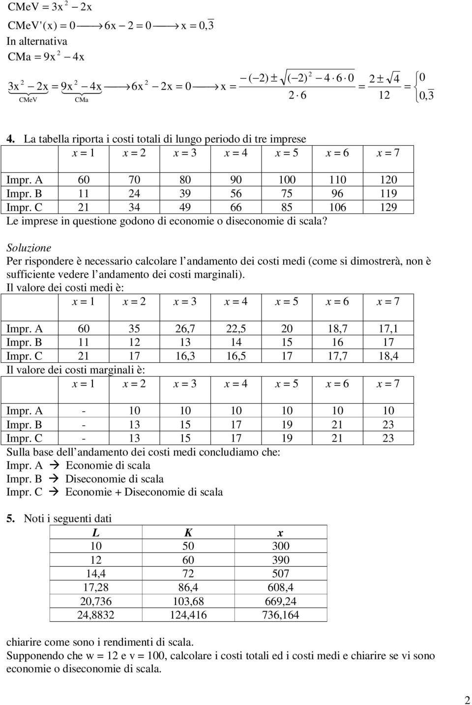 C 1 34 49 66 85 106 19 Le imprese in questione godono di economie o diseconomie di scala?