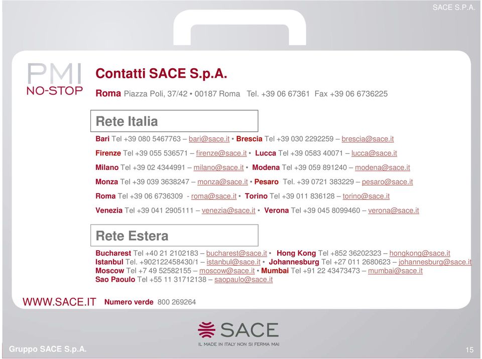 it Monza Tel +39 039 3638247 monza@sace.it Pesaro Tel. +39 0721 383229 pesaro@sace.it Roma Tel +39 06 6736309 - roma@sace.it Torino Tel +39 011 836128 torino@sace.