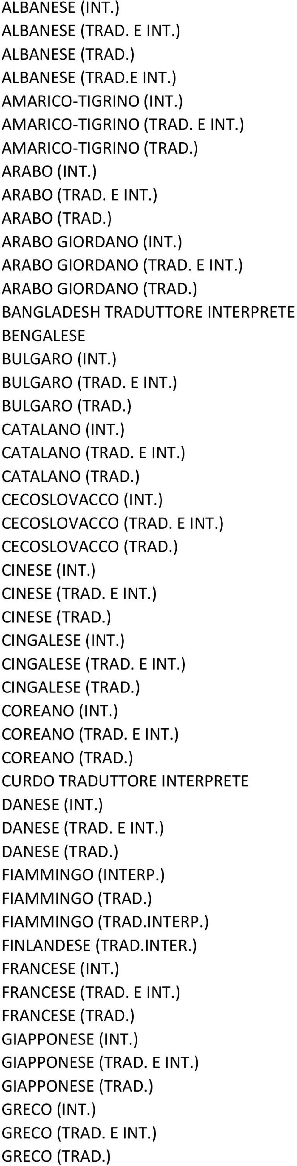 ) CATALANO (TRAD. E INT.) CATALANO (TRAD.) CECOSLOVACCO (INT.) CECOSLOVACCO (TRAD. E INT.) CECOSLOVACCO (TRAD.) CINESE (INT.) CINESE (TRAD. E INT.) CINESE (TRAD.) CINGALESE (INT.) CINGALESE (TRAD.