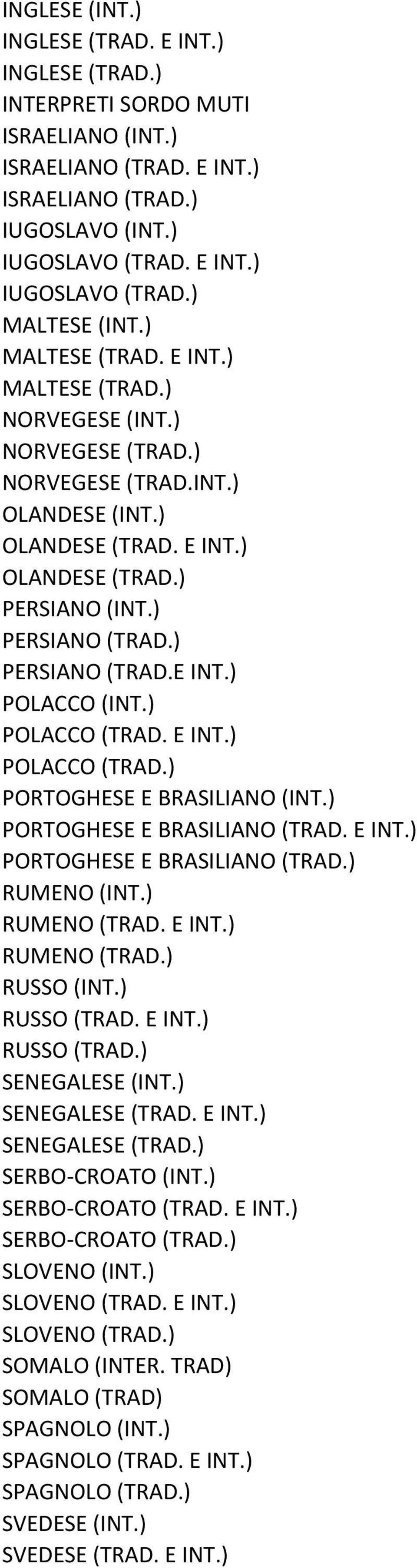 ) PERSIANO (TRAD.E INT.) POLACCO (INT.) POLACCO (TRAD. E INT.) POLACCO (TRAD.) PORTOGHESE E BRASILIANO (INT.) PORTOGHESE E BRASILIANO (TRAD. E INT.) PORTOGHESE E BRASILIANO (TRAD.) RUMENO (INT.