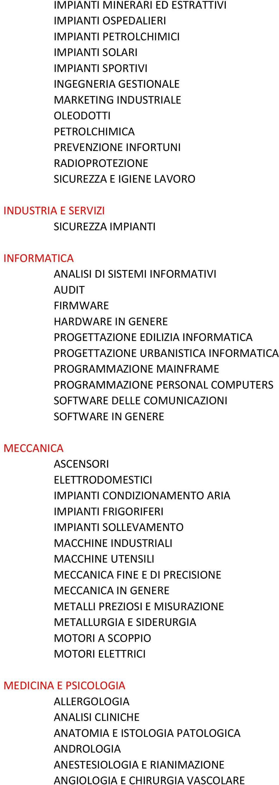 PROGETTAZIONE URBANISTICA INFORMATICA PROGRAMMAZIONE MAINFRAME PROGRAMMAZIONE PERSONAL COMPUTERS SOFTWARE DELLE COMUNICAZIONI SOFTWARE IN GENERE MECCANICA ASCENSORI ELETTRODOMESTICI IMPIANTI