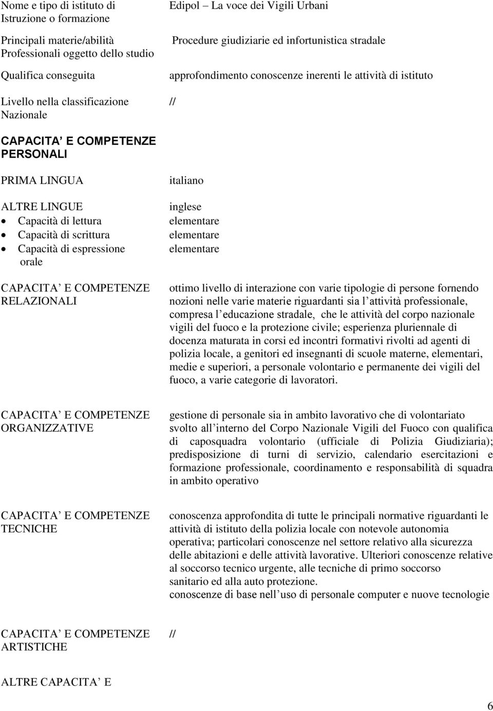 riguardanti sia l attività professionale, compresa l educazione stradale, che le attività del corpo vigili del fuoco e la protezione civile; esperienza pluriennale di docenza maturata in corsi ed